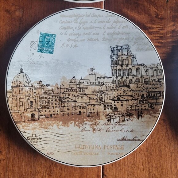 Pfalzgraff Cities Postcard Appetizer Dessert Plate Set of 6 Plates Blue Brown - Picture 7 of 9
